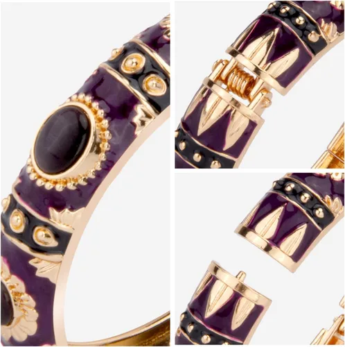 Vista 4 de UJOY Vintage Cloisonne Jewelry Bracelet Plated Handmade Bead Rhinestones Enamel Spring Cuff Bangles 2 Pcs Set for Womens Gift 7735