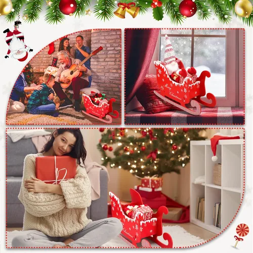 Vista 6 de Christmas Santa Sleigh Indoor Decorations Red Wooden Sled Christmas Tree Decor Photo Booth Props Kit Table Top Xmas Decor for Pets Trailer Party