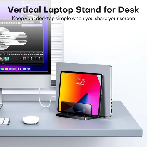 Vista 8 de OMOTON Soporte vertical para laptop para escritorio, soporte de acrílico para computadora portátil transparente ajustable para MacBook Pro Air, HP