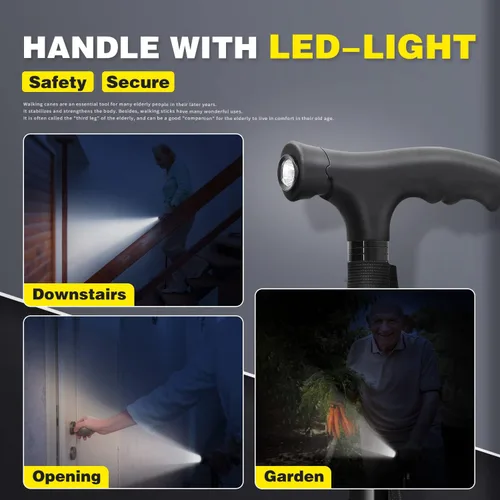 Vista 2 de BigAlex Bastón plegable con luz LED, base cuádruple giratoria, bastón ajustable con bolsa de transporte para hombre/mujer (base de aleación)