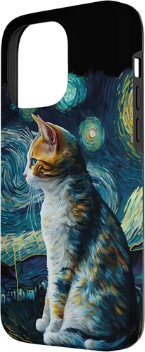 Vista 2 de Carcasa divertida para iPhone 14 Pro Max con diseño de gato de noche estrellada de Van Gogh