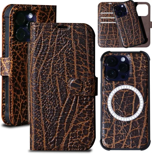 Vista 8 de Funda de cuero compatible con iPhone 13 Pro Wallet de 6.1 pulgadas, piel auténtica 2 en 1, magnética, desmontable, a prueba de golpes, funda