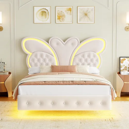 Vista 7 de Keyluv Marco de cama Queen con cabecera tapizada con patrón de mariposa, cama flotante moderna con luces LED, botones tapizados en cabecera y Beige