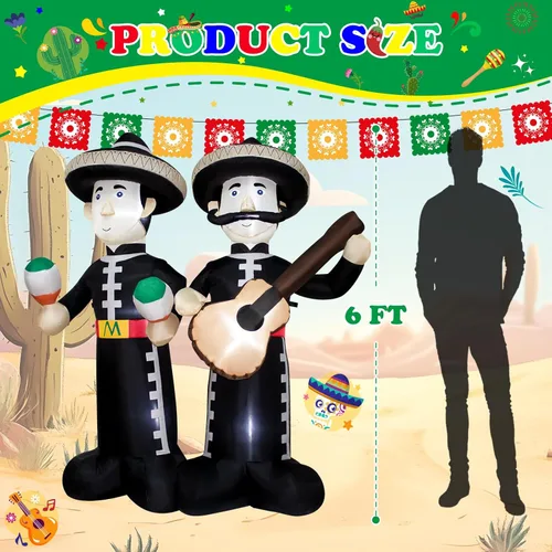 Vista 2 de Mariachi inflable del Cinco de Mayo de 6 pies con luces LED, decoración inflable para exteriores e interiores para fiestas mexicanas, Halloween