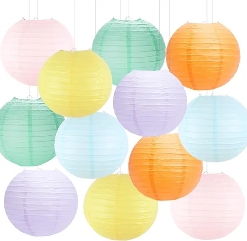 Vista 16 de Linternas de papel rosa naranja oro redondas colgantes chinas para decoración de fiesta de cumpleaños, baby shower, despedida de soltera. Paquete