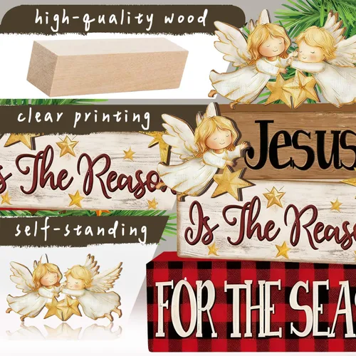 Vista 4 de 4 Piezas de Decoraciones de Navidad para Interior - Decoración de Mesa de Ángel de Madera para el Hogar - Centro de Mesa de Navidad para la Mesa