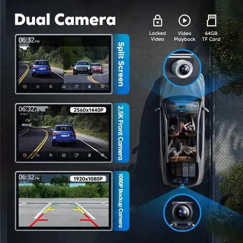 Vista 3 de [Actualización] Westods Wireless Apple Carplay y Android Auto con cámara de tablero de 2.5K, cámara de respaldo 1080P, pantalla HD IPS portátil de 7