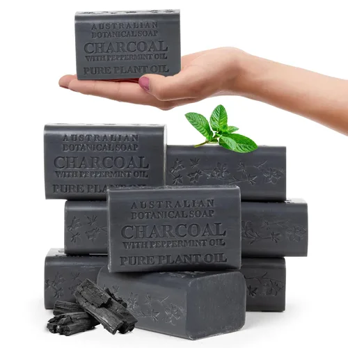 Jabón negro africano botánico australiano con carbón activado y aceite de menta, 6.6 onzas, paquete de 8 jabones de carbón activado con manteca de