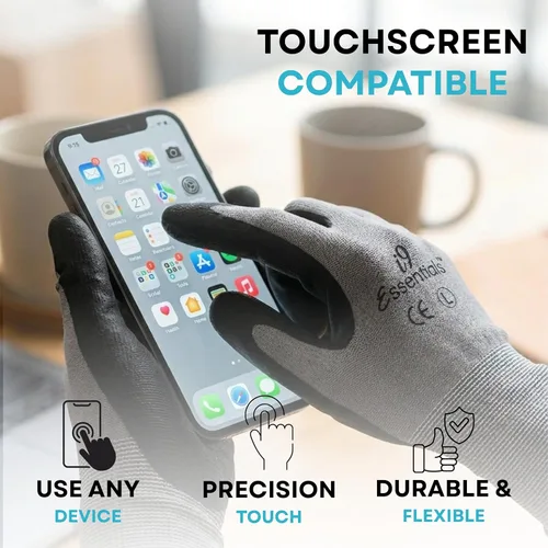 Vista 3 de I9 Essentials 12 pares de guantes de trabajo de microespuma con revestimiento de nitrilo para pantalla táctil, guantes de seguridad de agarre