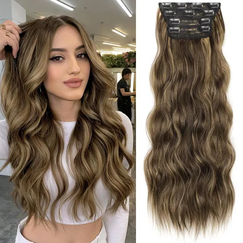 Vista 33 de KooKaStyle Extensiones de cabello sintético con pinzas, largo, ondulado, grueso, balayage, marrón chocolate a rubio caramelo, fibra 10H26
