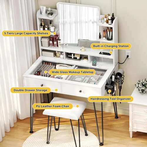 Vista 8 de TC-HOMENY Escritorio de maquillaje con parte superior de cristal, tocador con soporte para herramientas para el cabello y estación de carga, 2