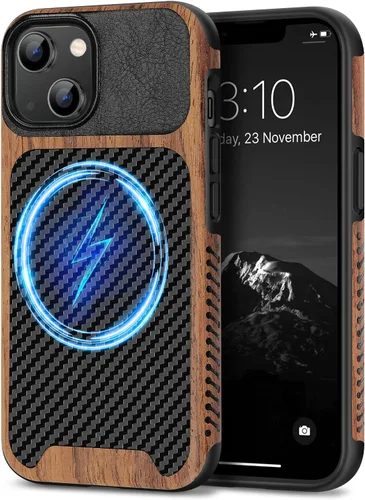 Vista 25 de TENDLIN Compatible con Funda para iPhone 14 de Grano de Madera con Diseño de Textura de Fibra de Carbono, Funda Híbrida de Cuero delgada Negra