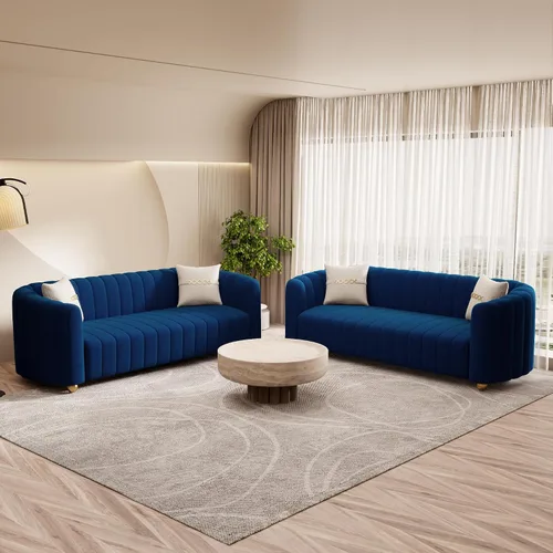 Vista 28 de Moderno juego de sofá de terciopelo negro de 3 piezas para sala de estar, juego de sofá curvado acolchado con patas de esfera de metal dorado