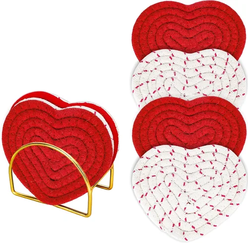 Vista 8 de Whaline Posavasos con forma de corazón, hechos a mano, trenzados, de algodón, absorbentes, con soporte, para graduación, boda, cumpleaños, baby