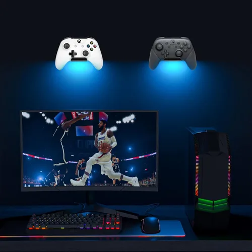 Vista 2 de 6amLifestyle - Juego de 2 soportes de pared con kit de luz RGB de 16 colores para Xbox One PS4 PS5 Switch Pro Gamepad Controller Stand Holder
