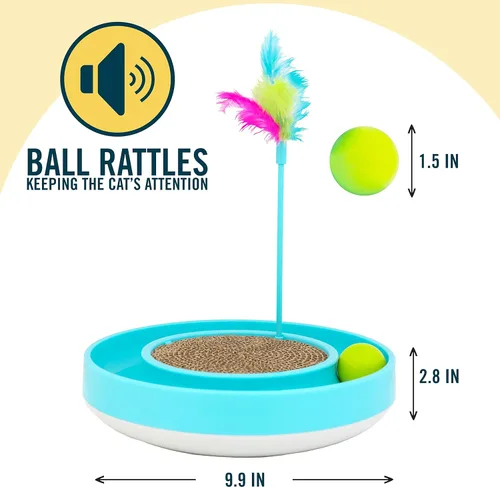 Vista 4 de OurPets - Juguete para gatos Wobble Scratch Track - Juguetes interactivos para gatos de interior con pista de bolas que rueda; varita de plumas