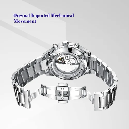 Vista 4 de S2SQURE Reloj de pulsera mecánico automático de esqueleto de lujo para hombre con correa de acero inoxidable con cuerda automática luminoso