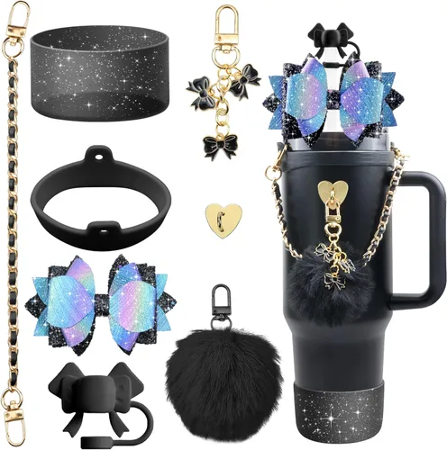 Vista 15 de Accesorios brillantes para vaso Stanley Cup de 40 onzas y 30 onzas, incluye funda de silicona para popote con lazo, bota de silicona para taza