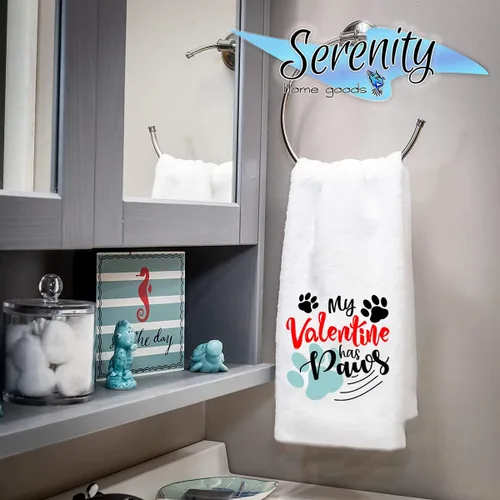 Vista 3 de Toalla de mano decorativa para cocina y baño, Día de San Valentín, diseño con texto en inglés «My Valentine Has Paws», tema de invierno para el día