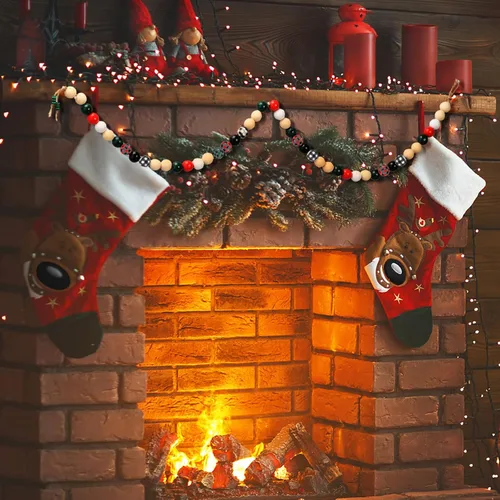 Vista 7 de Cuentas de Madera Navideñas de 0.63 Pulgadas Artesanales de Cuadros Búfalo Estilo Granja de Madera de Colores y Cuentas en Forma de Árbol de Navidad