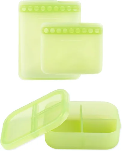 Vista 16 de Bumkins - Caja Bento de silicona - 3 secciones y tapa a prueba de fugas - Apto para alimentos - Juego de 2 - Lavable, apto para microondas, Azul