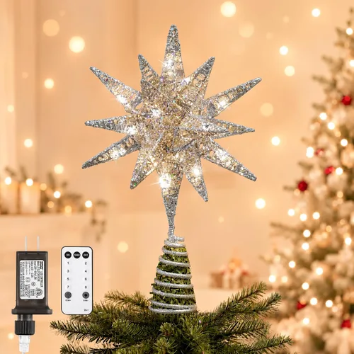 Vista 17 de Lewondr Decoración para árbol de Navidad, decoración de árbol de Navidad con forma de estrella en 3D con diseño de explosión de estrellas, control