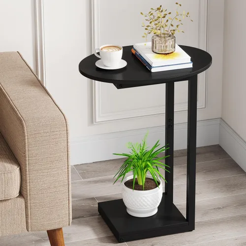 Vista 10 de Hosfais Mesa Auxiliar Pequeña, Mesa de Extremo en Forma de C, Mesa de Café de Madera para TV, Bandeja para Comer, Mesas para Sofá de Espacios Negro