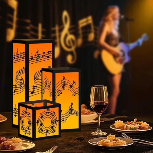 Vista 5 de 6 juegos de centros de mesa musicales para mesa, 3 tamaños, notas musicales, cajas de linterna de papel con velas, decoraciones de notas musicales