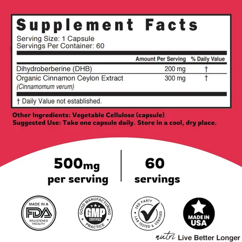 Vista 5 de Suplemento de dihidroberberina de 200 mg, 60 cápsulas, con canela de Ceilán orgánica, 54 veces más biodisponible que el HCL de berberina regular