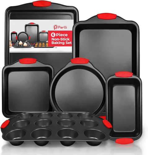 Vista 11 de PERLLI Juego de 3 moldes antiadherentes para hornear, acero al carbono sin BPA, con asas de silicona, juego de horno de cocina apilable, bandeja