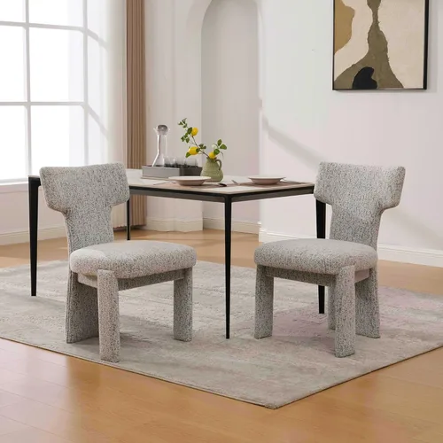 Modern Upholstered Chenille Dining Chair Set of 2, Armless Curved Back Accent Chairs with Rubberwood Legs in White/Black, Foam Padded for Living