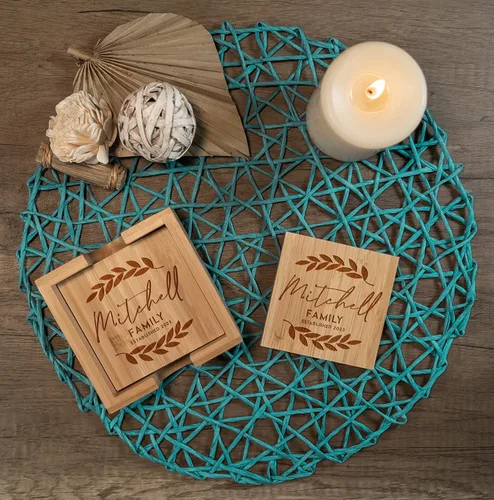Vista 2 de Personalized Bamboo Coasters, Set of 4 Square Custom Coaster with Holder, Customized Gift Ideas for Christmas, Anniversary, Housewarming, Birthday