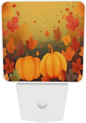 Vista 6 de Paquete de 2 luces LED de noche enchufables con diseño de calabazas de Acción de Gracias, sensor automático, hojas de otoño, juego de 2