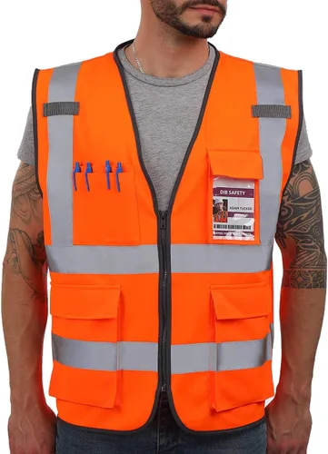 Dib Safety - Chaleco reflectante ANSI clase 2, chaleco de alta visibilidad con bolsillos y cremallera, ideal para trabajo en construcción, alta