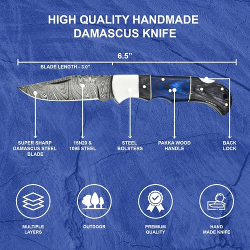 Vista 3 de Cuchillo de bolsillo de damasco Lara Eagle para hombres - Cuchillo plegable de caza de 133 capas de acero sólido hecho a mano con afilador y funda