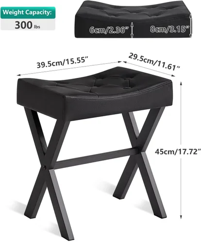Vista 3 de IBUYKE Taburete de tocador de PU en forma de U, silla cuadrada de maquillaje con patas en X, taburete reposapiés otomano, multiusos como mesa Negro