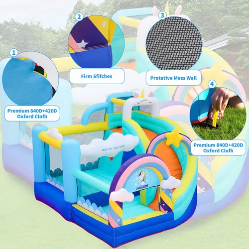 Vista 8 de Doctor Dolphin Casa inflable de rebote con tobogán, casa inflable con hoyos de bolas, gorila para niños de 4 a 8 años, casa inflable con aro