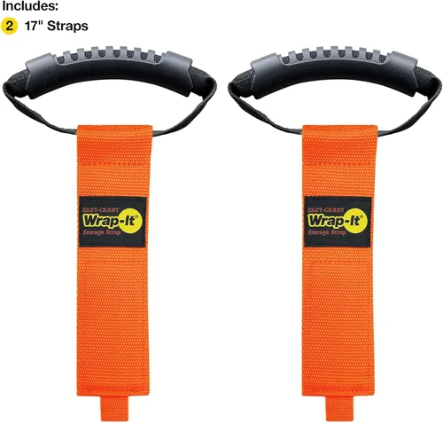 Vista 3 de Correas de almacenamiento Wrap-It de fácil transporte, 17 pulgadas (paquete de 2) naranja resplandeciente, correa de transporte de gancho y bucle