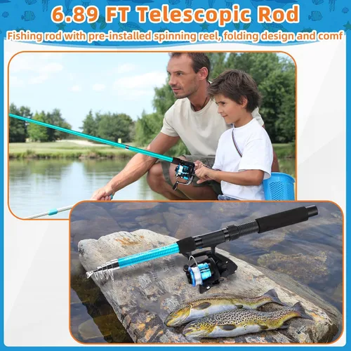Vista 7 de MiniInflat Combo de caña de pescar telescópica y carrete, 2 piezas de caña plegable con alicates y agarre de labios, bolsa de transporte, carrete