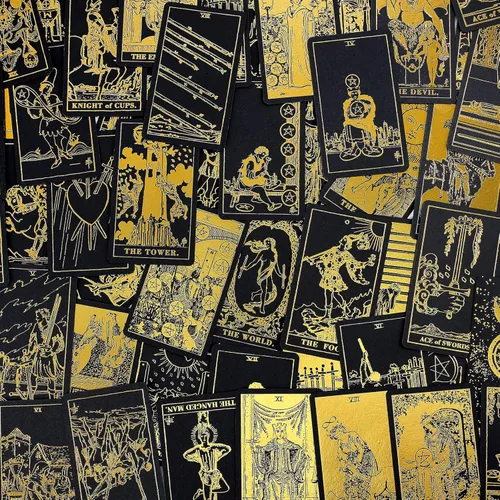 Vista 4 de Prophet Baraja de cartas de tarot de lámina dorada, 78 cartas originales juego de adivinación con libro guía para principiantes, cartas de tarot