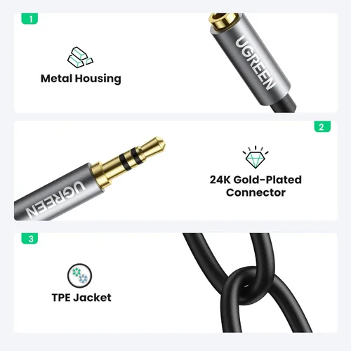 Vista 4 de Cable auxiliar estéreo delgado prémium marca Ugreen con splitter de audio y conectores de metal chapados en oro con entrada macho de 0.13 pulgadas