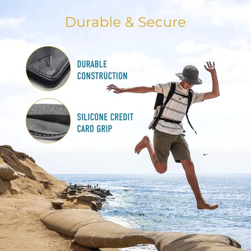 Vista 7 de Allett Cartera híbrida para tarjetas, cuero, bloqueo RFID, diseño vertical, minimalista, plegable, tarjetero resistente al agua, delgado, bolsillo