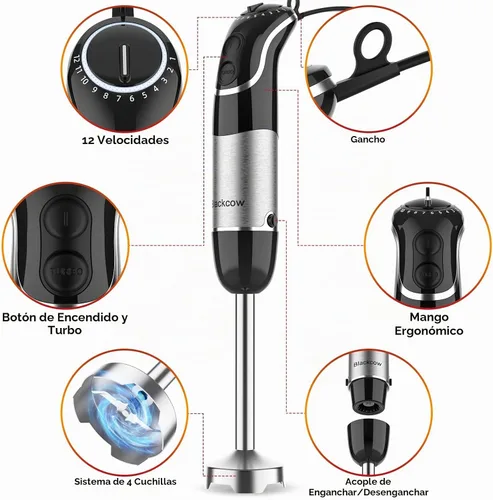 Vista 5 de Batidora de inmersión de mano para cocina, licuadora de emulsión de mano con cuchillas de titanio, batidora de mano eléctrica de 12 velocidades