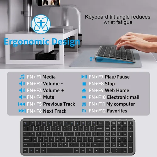 Vista 4 de Teclado y mouse silenciosos, teclado de computadora compacto inalámbrico de tamaño completo con botón de calculadora, mouse de 2400 DPI, clic