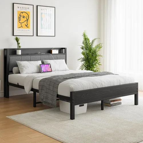 Vista 29 de BOFENG Base de cama de tamaño matrimonial con cabecera de almacenamiento, estación de carga USB, plataforma de metal resistente, marco de cama doble