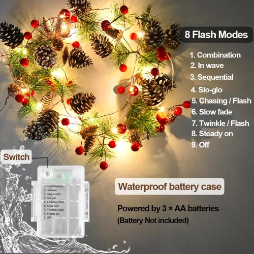 Vista 5 de Guirnalda de pino con luces, guirnaldas de Navidad de 6.56 pies, 20 LED, funciona con pilas, con bayas rojas y piñas navideñas, luces preiluminadas