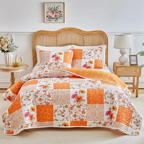 Vista 11 de Joyreap Juego de Edredón de Retazos Florales de 2 Piezas Tamaño Individual, Diseño de Flores Azules y Blancas, Edredón de Microfibra Suave