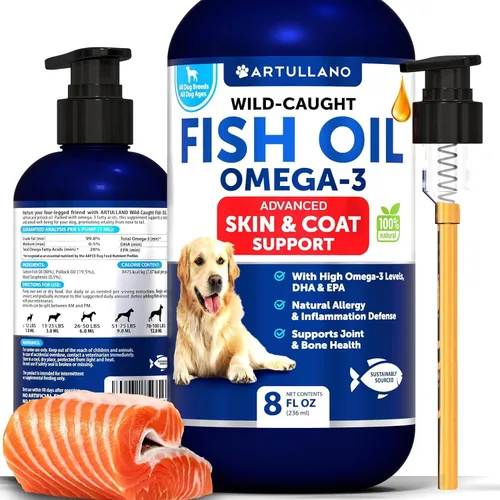 Aceite de pescado Omega 3 para perros - Mejor que el aceite de salmón - Suplemento líquido de defensa de la piel y el pelaje para el alivio de las