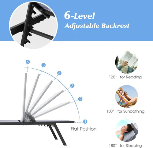 Vista 7 de HAPPYGRILL Tumbona para patio, reclinable al aire libre con respaldo ajustable de 6 niveles, tela transpirable y de secado rápido, tumbona ajustable
