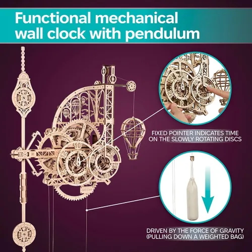 Vista 5 de UGEARS Aero Clock - Rompecabezas 3D de madera para adultos, kit de modelo mecánico de madera para adultos, reloj de pared, rompecabezas 3D con kit